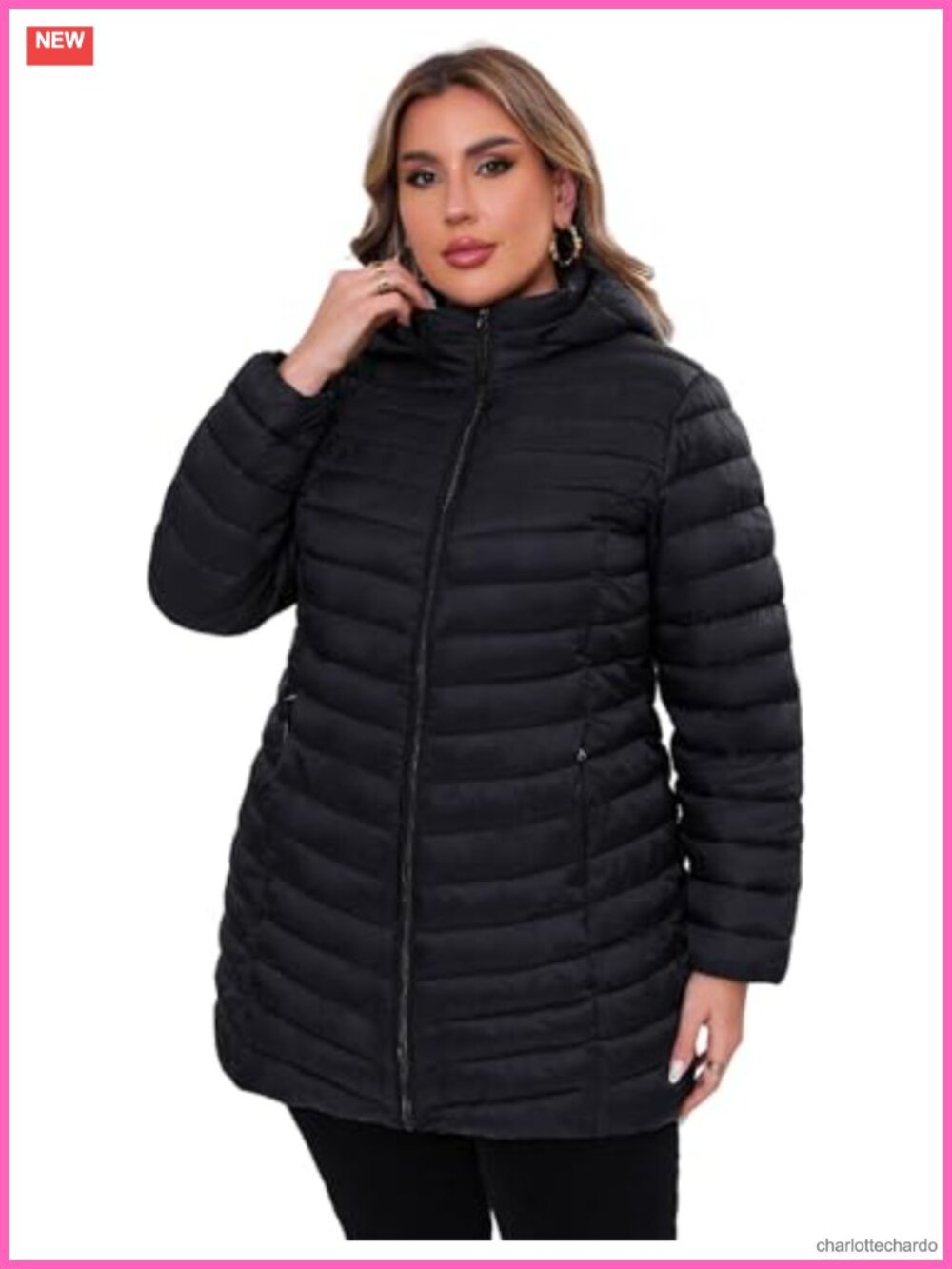 Plus Size Packable Hooded Puffer Jacket 1X-6X Thigh Length